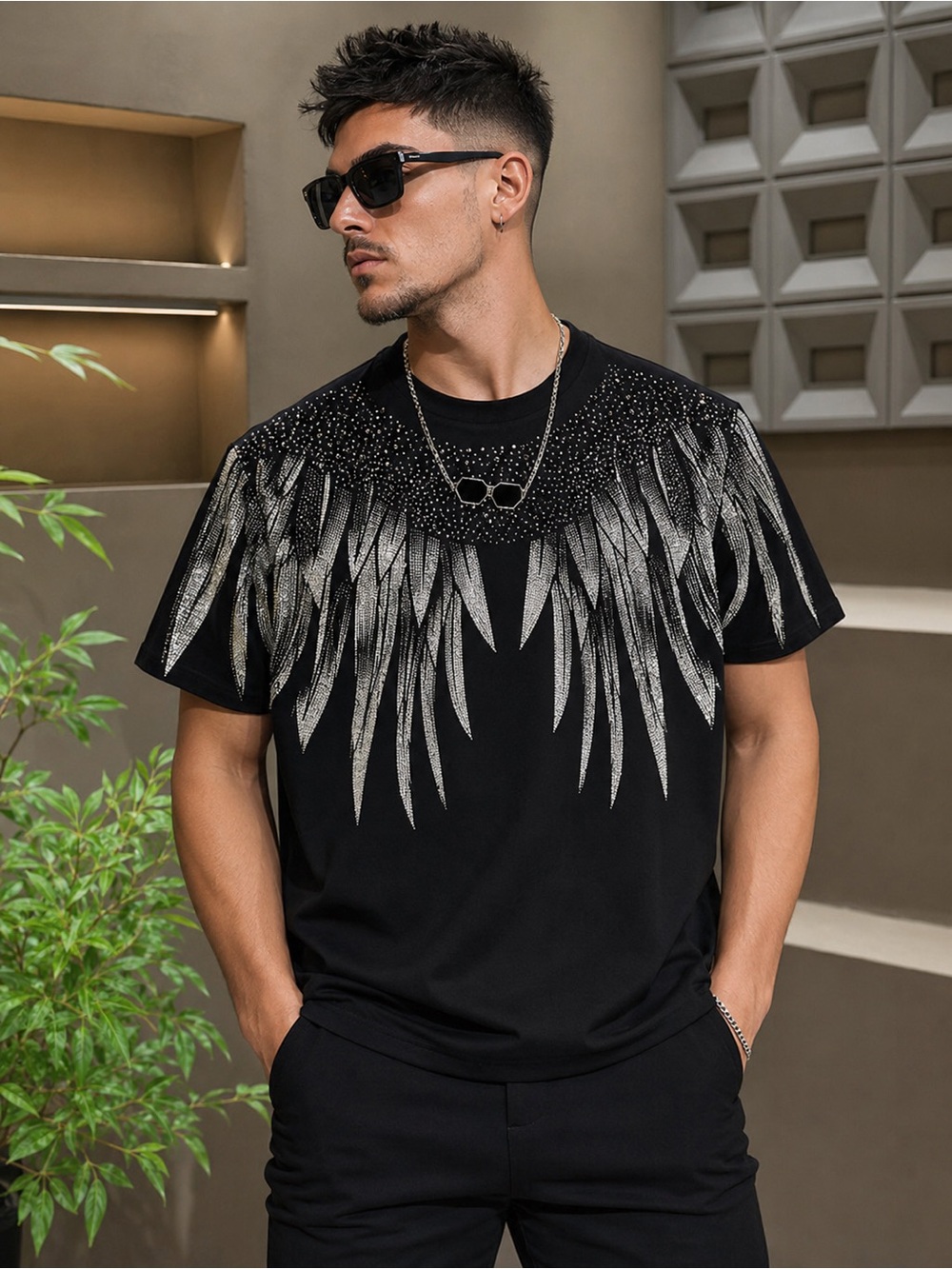 Glitz Black T-Shirt with Silver Feather Graphic